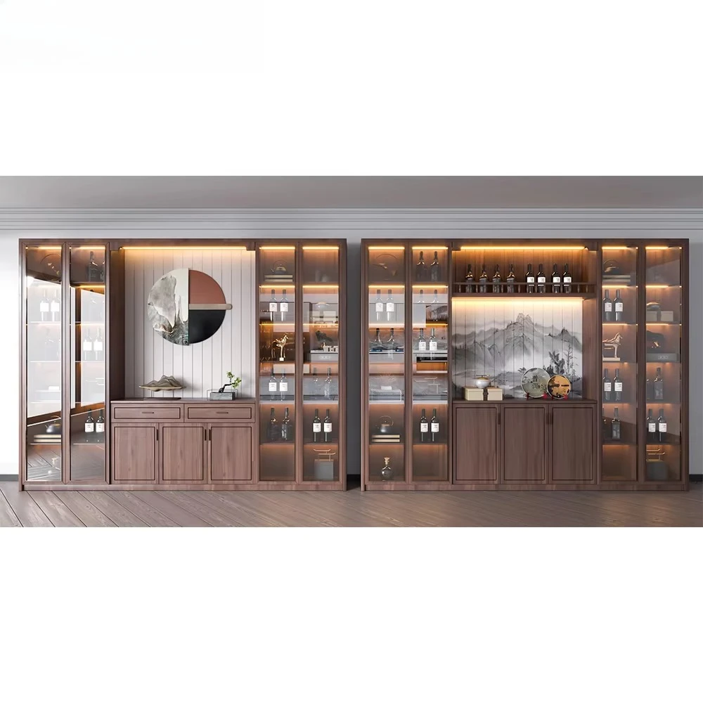 

Traditional Luxury Oak Wooden Living Room Furniture Wine Bar Cabinet with Glass Door Elegant Wine Racks