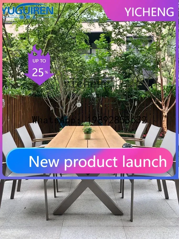 

6 outdoor table and chair patio with umbrella aluminum-plastic anticorrosive wood large table and chair combination