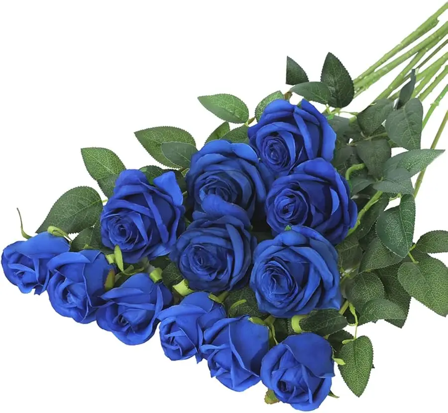 

12PCS Artificial Silk Flowers Realistic Roses Bouquet Long Stem for Home Wedding Decoration Party (Blue 1)
