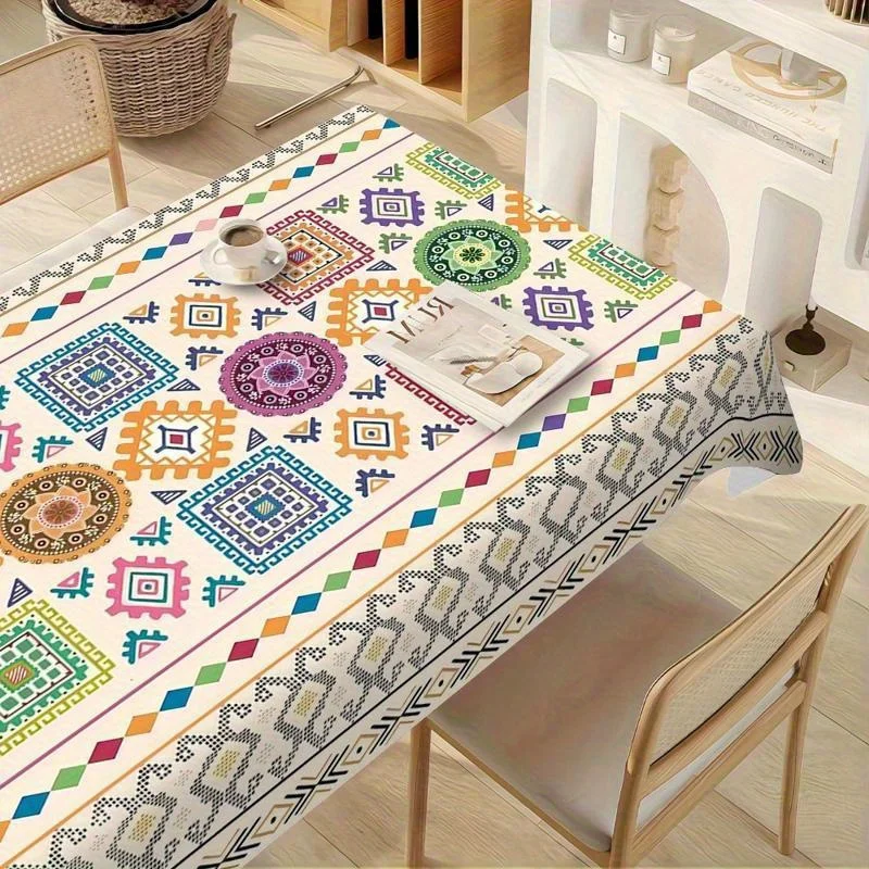 A Bohemian Style Tablecloth, Featuring a Colorful Floral Print in a Rectangular Shape, Made with Fabric, Suitable for Both Indoor And Outdoor Use, Perfect for Picnics, Festive Parties, Restaurants, Kitchen Decor, Birthday Celebrations