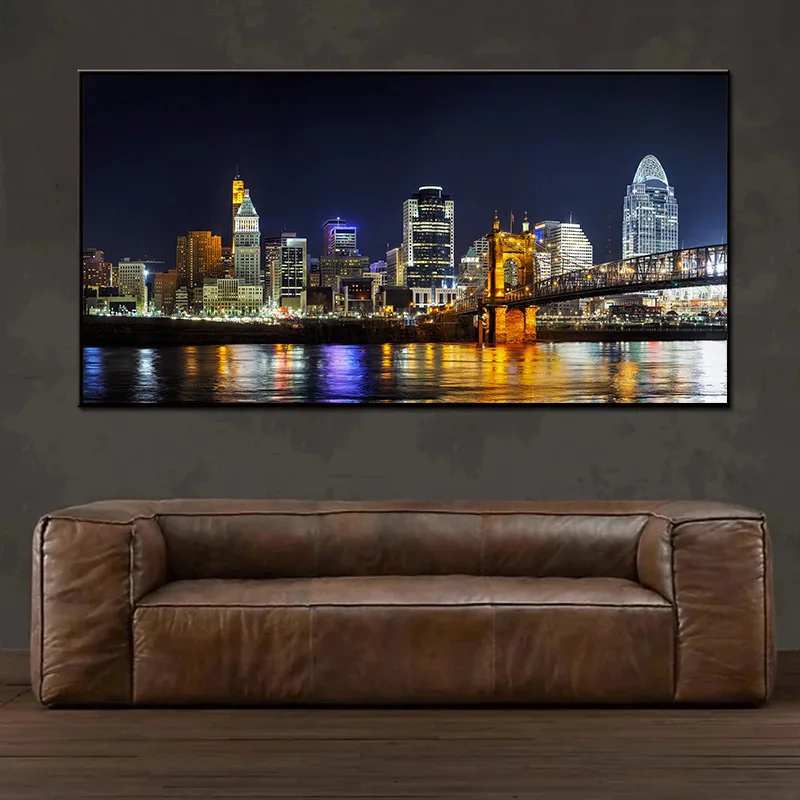 Seattle,Cincinnati,Los Angeles City Skyline View Landscape Poster Canvas Painting Wall Art Pictures for Living Room Home Decor