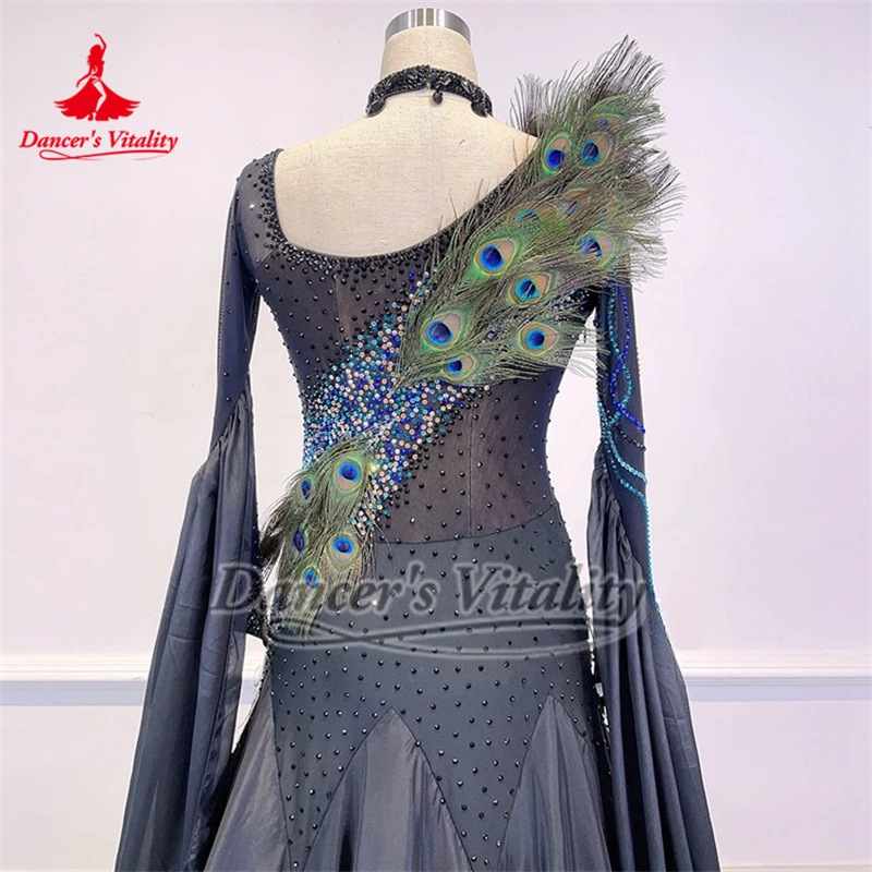 Foxtrot valse bleu marine manches longues robes de plumes de paon collier inclus personnaliser danse sociale vitalité de danseur vêtements
