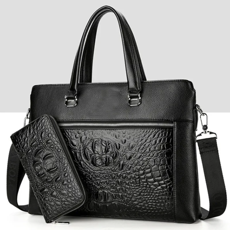 Sac à main en cuir de vachette véritable motif crocodile pour hommes, sac à bombes pour hommes, sac messager lancé, sacs pour ordinateur portable d'affaires, sac à main vintage