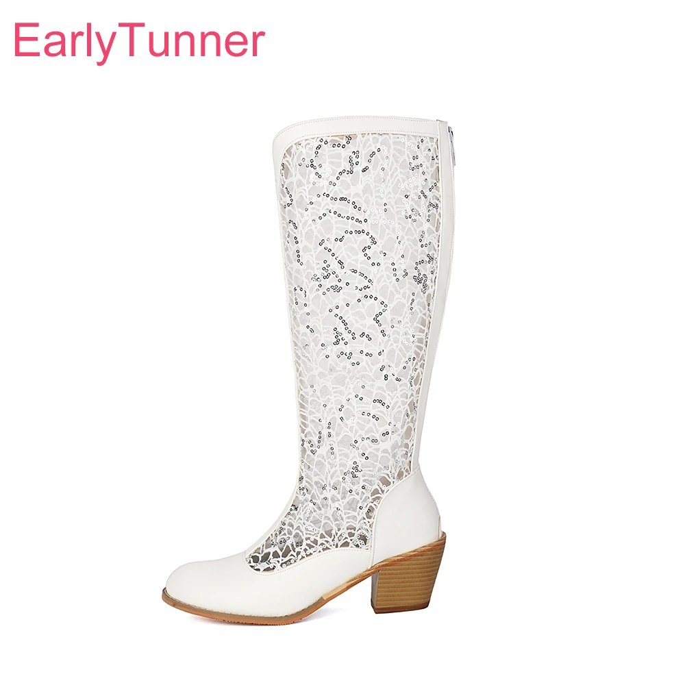 

2025 New Autumn Comfortable Black White Women Knee High Boots Mesh High Square Heels Lady Pumps Plus Small Big Size 32 42 45