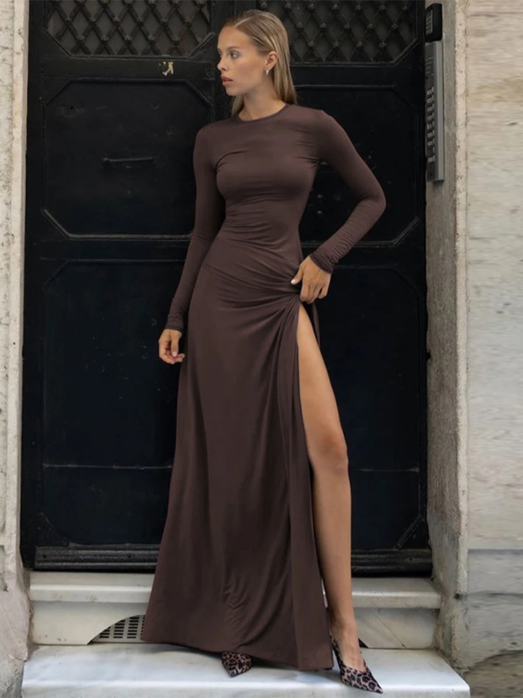 Women Coffee Bodycon Dress 90s Vintage Long Sleeve Luxury Long Dresses with Slit Y2k One Piece Frocks 2000s Emo Coquette Clothes