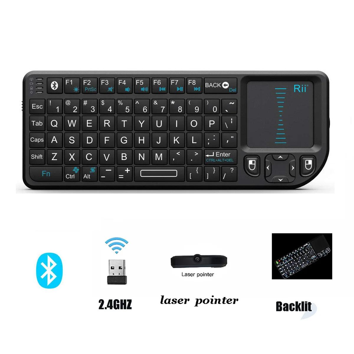 

Rii Mini Wireless Keyboard with Touchpad Support Bluetooth ＆2.4G Connection,Built-in Laser Pointer, Keyboard with Remote Control