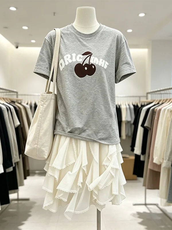 

Large Size Women's Summer New Print Short Sleeve T-shirt Asymmetrical Skirt Set Casual High Waist A-Line Skirt
