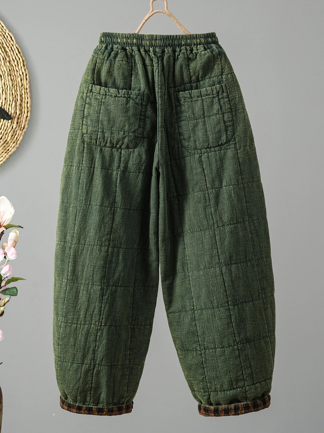 Retro Patchwork Baumwolle Woolen Thiened Winter Casual Breite Bein Hosen frauen Oberbekleidung Hohe Taille Harlan Hosen Warme Freizeit