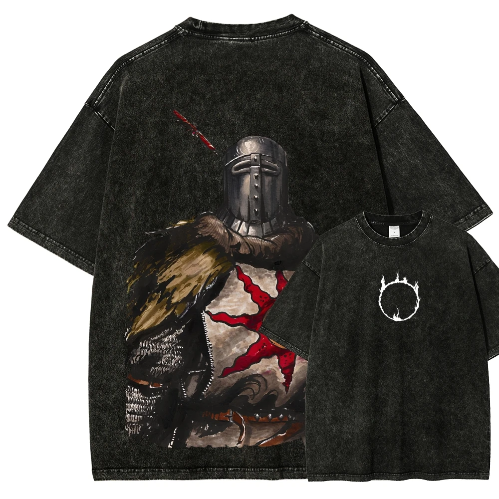 Action Role-playing Game Dark Souls Graphic Print T-shirt Men Women Retro Washed O-neck Cotton Streetwear Harajuku Fashion Top