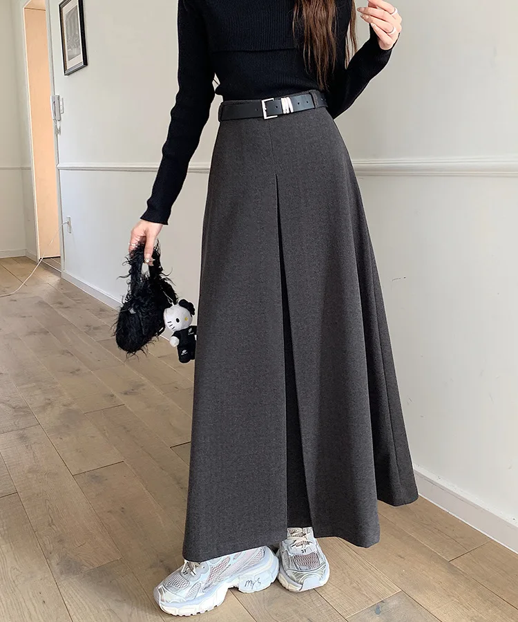 

Элегантные шерстяные длинные юбки с высокой талией для женщин, офисные женские юбки-миди трапециевидной формы с поясом, осень-зима
