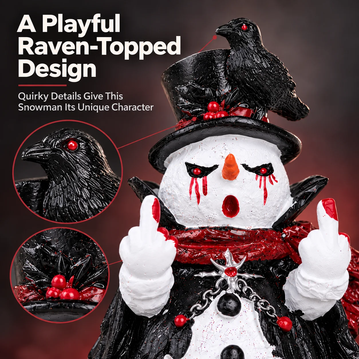 Hodao Gothic Christmas Snowman Figurine, Cute Funny Resin Statue with Black Raven, Top Hat Red Scarf and Cloak, Collectible Halloween Tabletop Decor for Shelf Mantel Office Desk Entryway Bedroom, Winter Holiday Party Display, Novelty Birthday Gifts