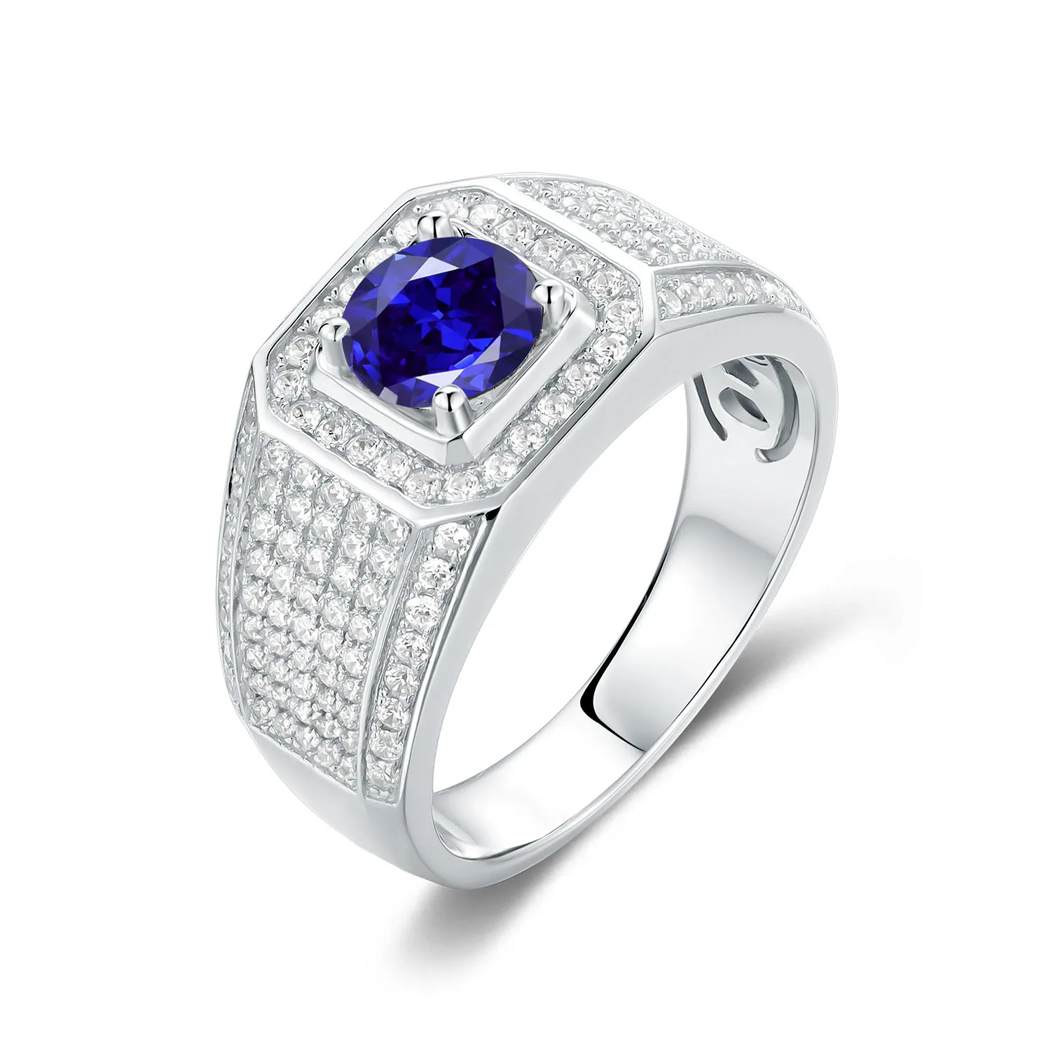 

GEM'S BALLET 925 Sterling Silver Men's Cocktail Engagement Ring 6.5mm 8mm 9mm Round Lab Grown Sapphire Men's Hip Hop Ring