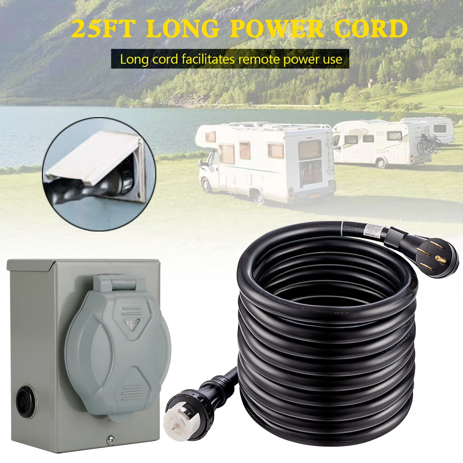 Artudatech 50Amp مولد الحبل 25FT + صندوق مدخل الطاقة مقاوم للماء كومبو عدة RV تمديد الحبل مصبوب موصل ومقابض 125/250 فولت