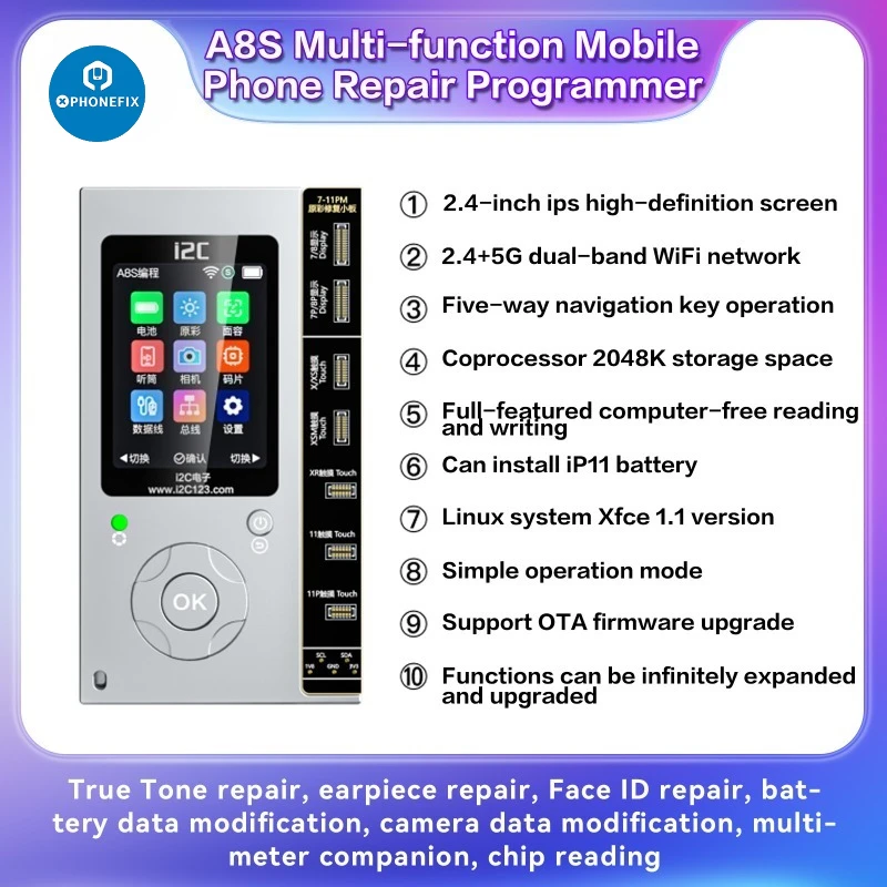 i2C A8S Screen True Tone Restore Programmer for iPhone 7-11PM 12/12 Pro/12/13/14/15 Pro Max Original Third-party Screen Repair