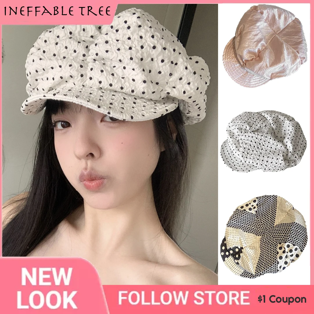 

Y2K Pearlized Satin Polka Dot Print Oversized Cloud Octagonal Hats Women Summer Breathable Versatile Berets Mushroom Cap Gorras