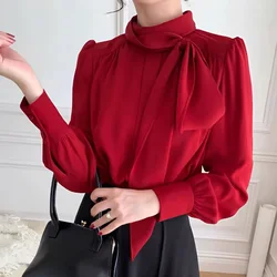 Ladies Fashion Lacing Solid Color Turtleneck Long Sleeve Blouse Autumn 2024 New Simplicity Temperament Pleated Bow Women Shirts