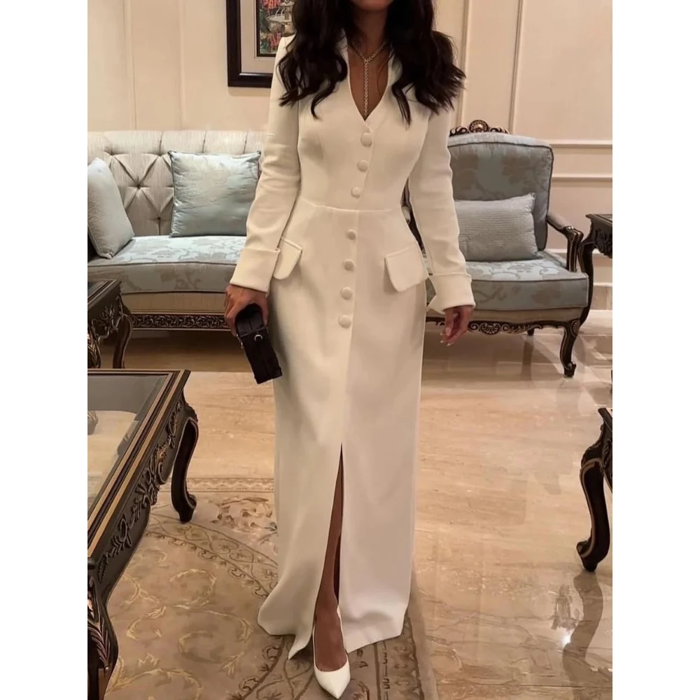 

Fashion Suit Evening Dress Customized Button V-Neck Long Sleeves Mermaid Prom Gowns Simple Slit Ivory Evening Party Dress