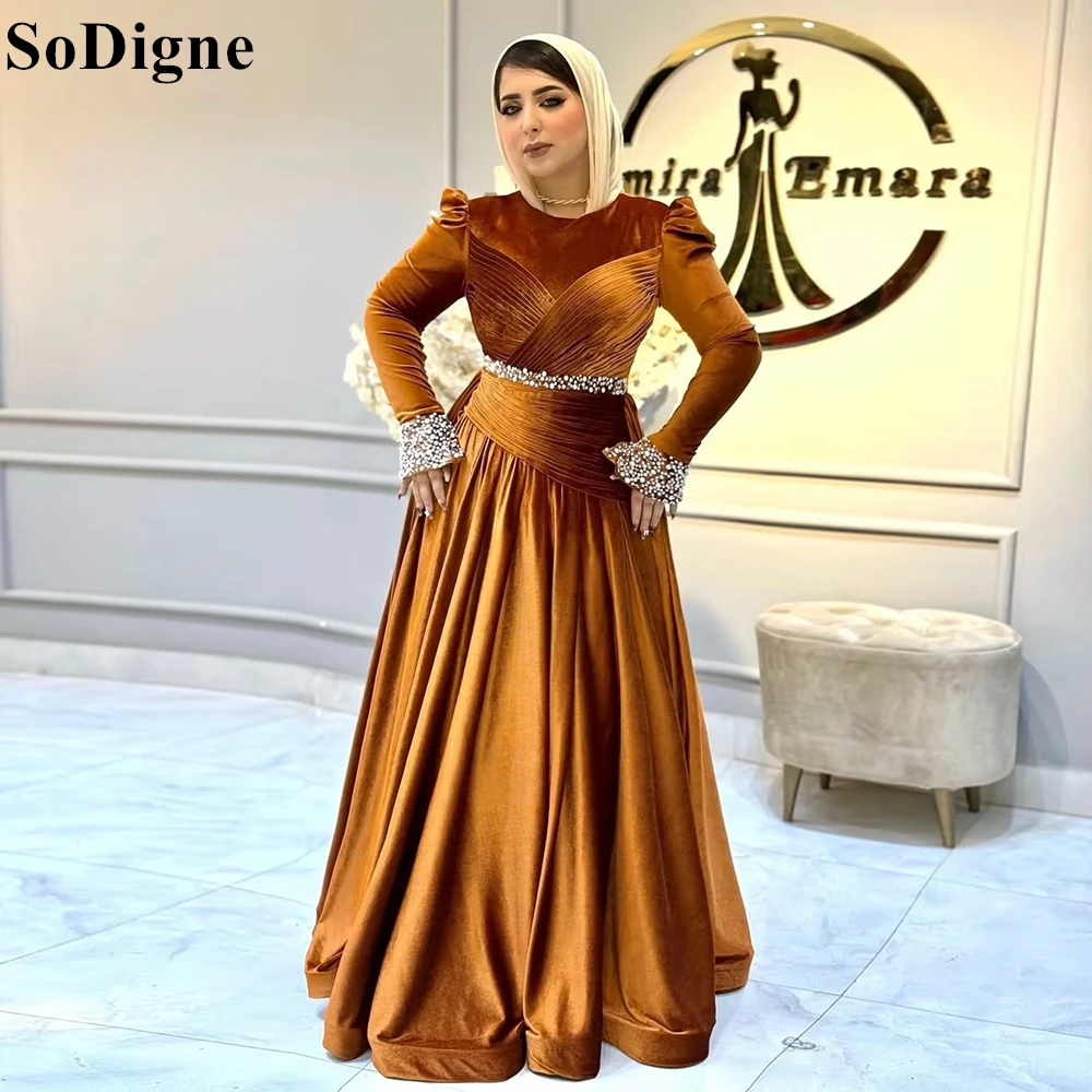 

SoDigne Modest Coppery Brown Velvet Evening Dresses A-Line Beading Caftan O-Neck Pleated Party Dress 2025 Prom Gowns Customized