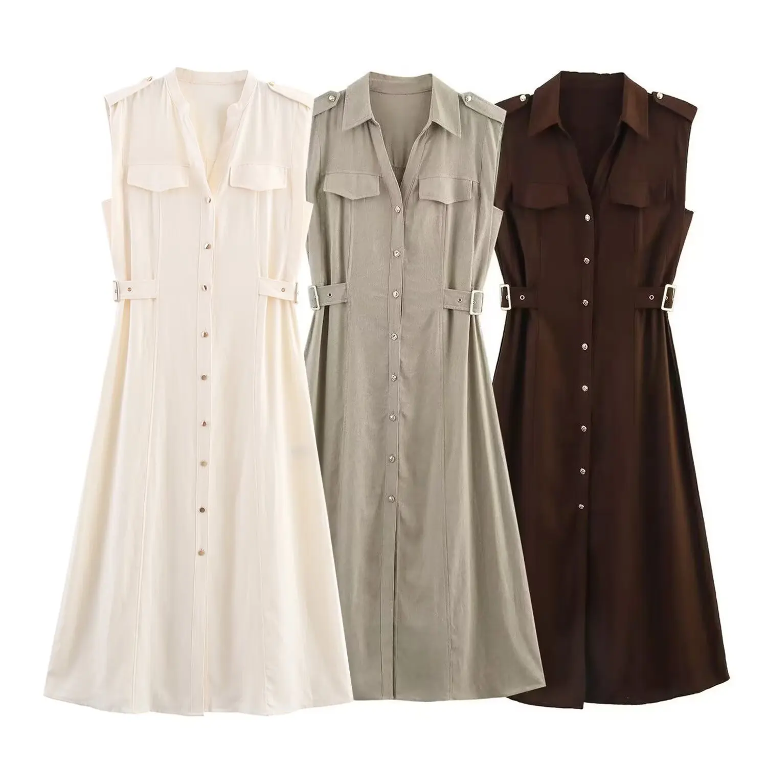 

Women's Summer Vintage Comfortable Linen Midi Dress Solid Color Lapel Single Breasted Belt Fashion Commuter Robe Dress