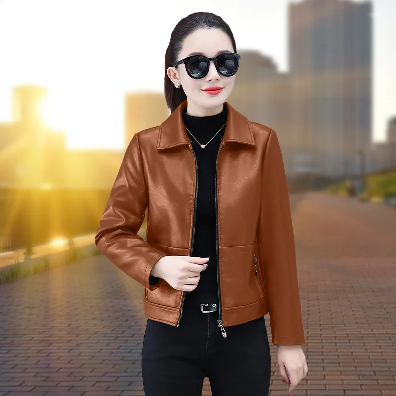 春秋の女性の模造革ジャケット新しいラペルジッパーショートジャケット冬のベルベット暖かい PU レザーコート女性の上着