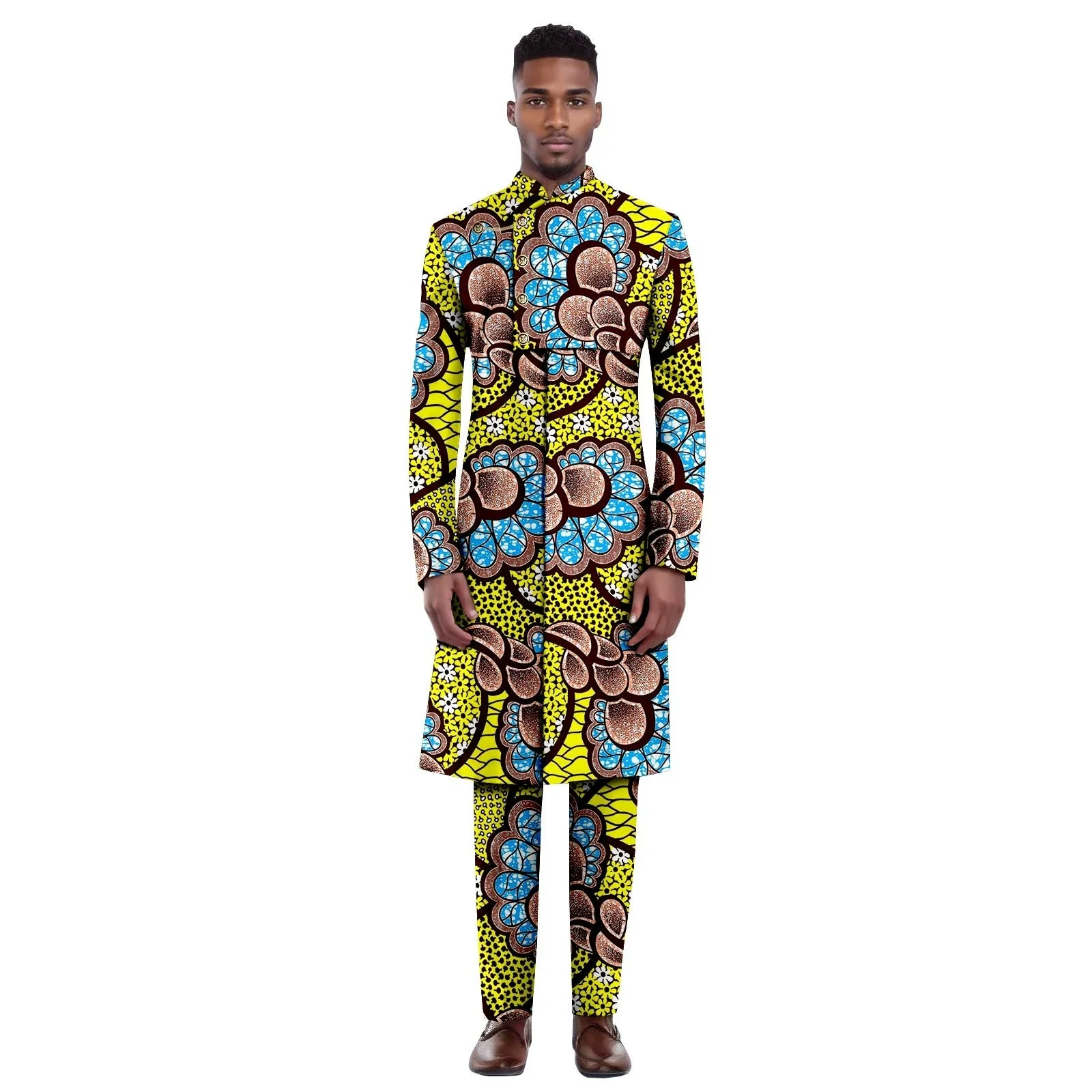 بدلات أفريقية للرجال Dashiki سترات وسراويل مطبوعة مكونة من قطعتين ملابس أفريقية مع منديل العريس لحفلات الزفاف