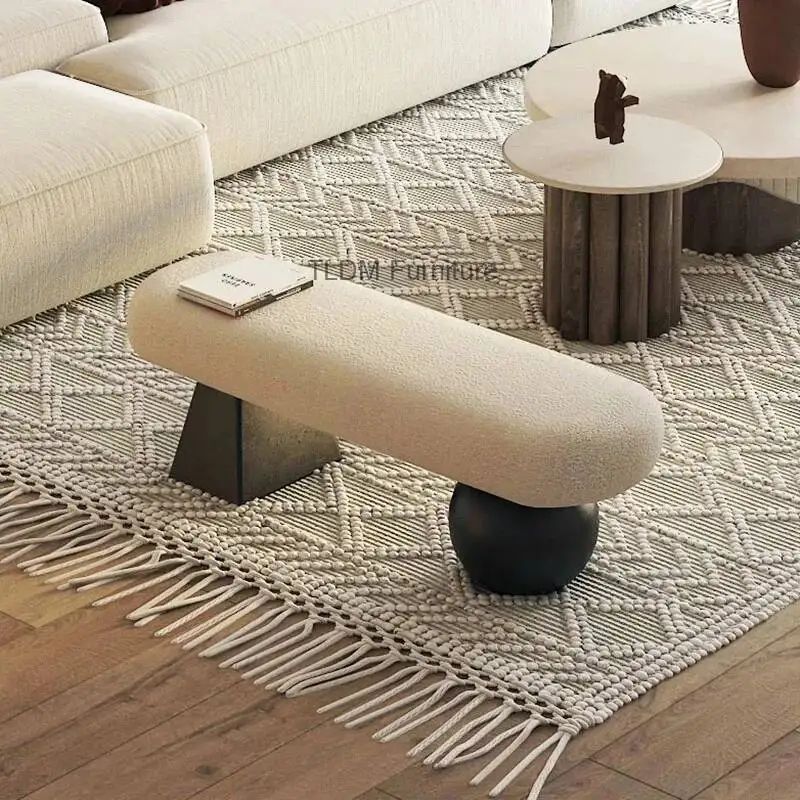 Artistic with Living Modern Accent Seat Minimalist Asymmetric Base, Boucle Bench, Room Bedroom Home Decor Furniture