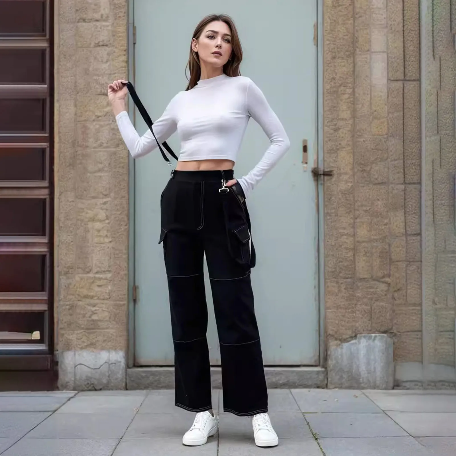 

Adjustable Strap High Street Black Color Cargo Straight Pants With Multiple Pockets Streetwear Skinny Fashion Leg Cropped Pants