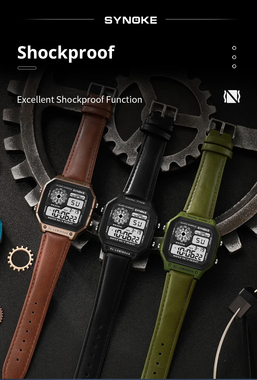 SYNOKE Gürtel Uhr Männer Outdoor Sport Multifunktionale Wasserdichte Leucht LED Digital Uhr PU Leder Für Männer Retro Mode – Detail 9