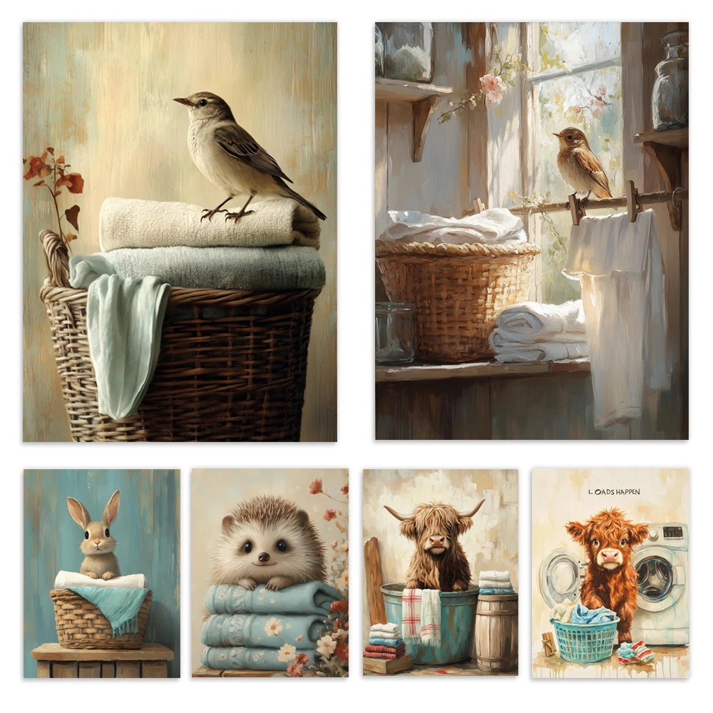 A rustic songbird on a woven basket, a prairie dog in a pile of clothes—a pastoral, cozy, and simple laundry room poster.