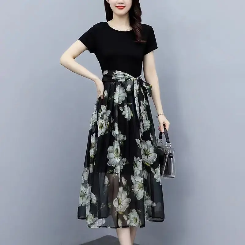 2026 Summer Women's Elegant Printed Short Sleeve Midi Dress Chiffon A Line Skirt With Tummy Control And Layered Look