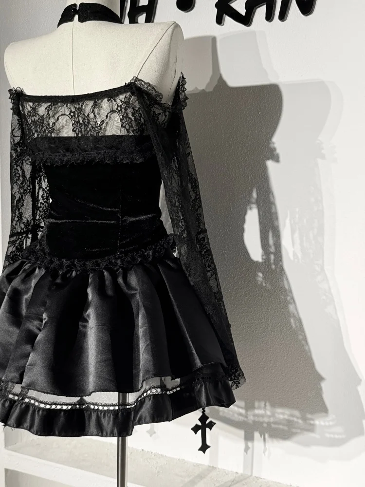 Gotisches Skelett-Cosplay-Kostüm für Damen, schulterfreies Kleid mit Spitze und ausgestellten Ärmeln, kurzes Kleid für Halloween, Nachtclub, Karneval, Rollenspiel-Outfit – Detail 21