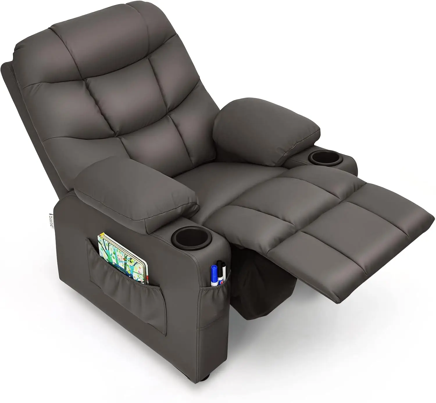 Kids Recliner Chair w/Cup Holder & Side Pockets, Children Recliner w/Comfortable Backrest, Armrests & Footrest, Toddler PU Leath