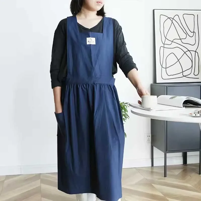 Long Large Pleated Cotton Waterproof Apron Kitchen Women's Cross-back Oilproof Stain-resistant Pinafore Smock for Cooking Baking