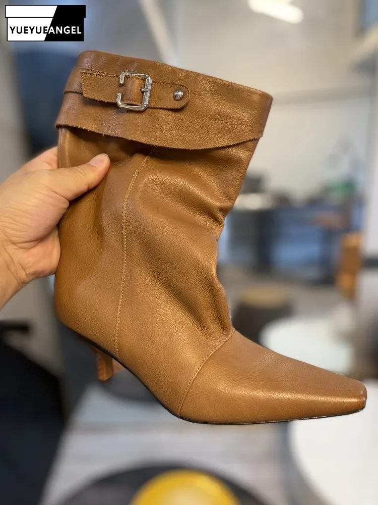 Fashion Women Pointed Toe Mid Calf High Top Thin Heels Modern Boots Elegant Ladies Autumn Cowhide Genuine Leather Shoes Slip On