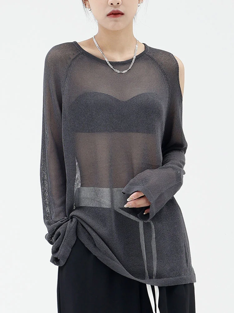 

Fashion Trend Spring Autumn 2022 Women Gray Perspective Big Size Off Shouder T-shirt New Round Neck Long Sleeve