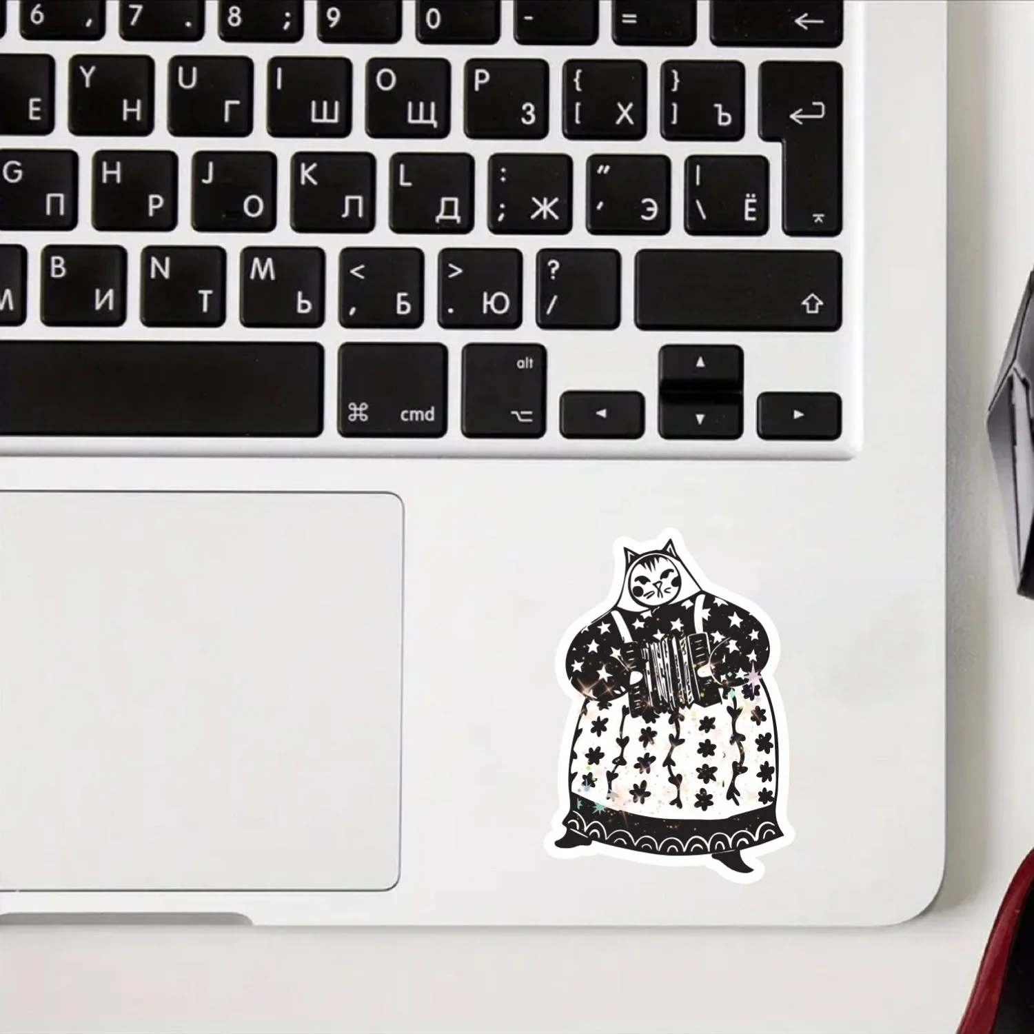1PC Black White Folk Art Cat Accordion Holographic Vinyl Sticker, Waterproof Decal for Car Laptop Water Bottle Helmet