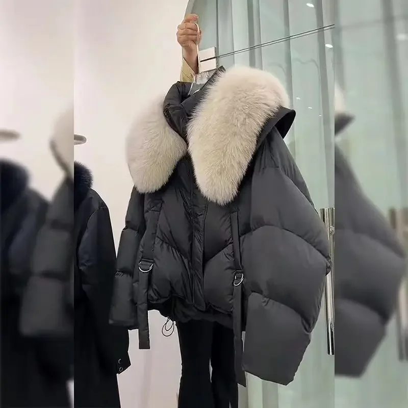 Large Fur Collar Zipper Parkas Women Winter Slim Short Padded Jacket Pocket Long Sleeved Cozy Coat Streetwear 2024 New Outerwear