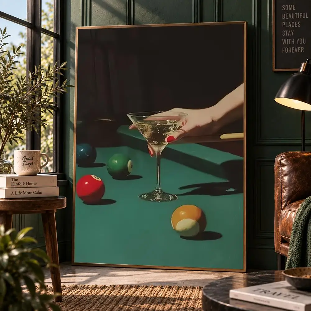 Vintage Dive Bar Martini Pool Poster Retro Billiards Cocktail 8 Ball Wall Art Print Poster HD