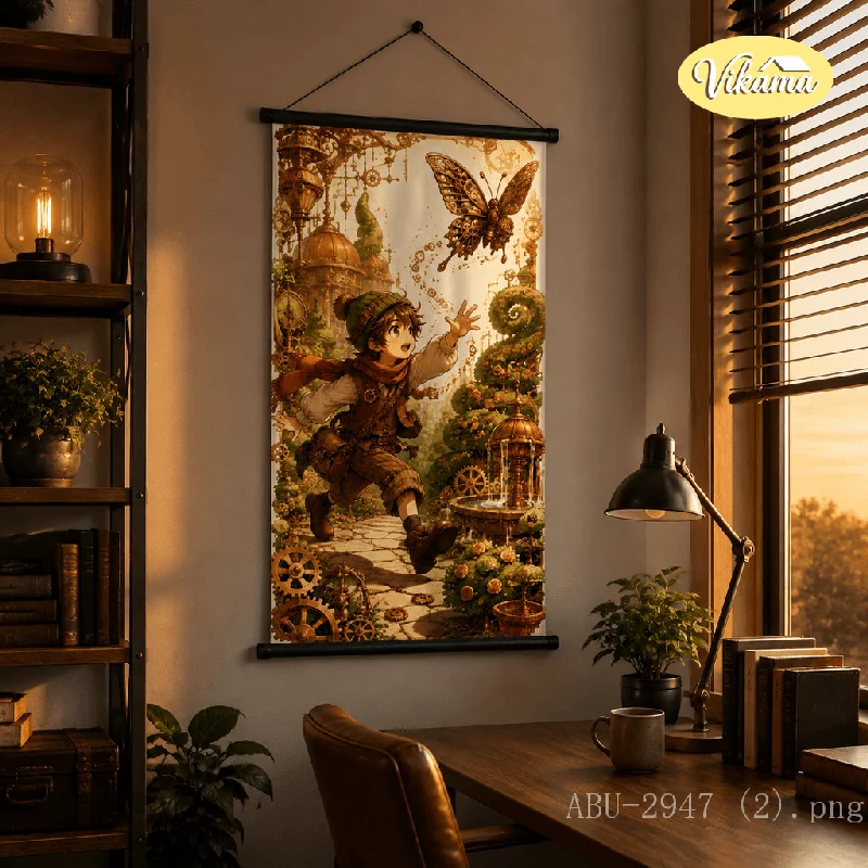 VIKAMA Countryside Anime Tapestry Wall Hanging Sunflower Steampunk Gear Fountain Girl Wall Art for Bedroom Home Decor Dorm