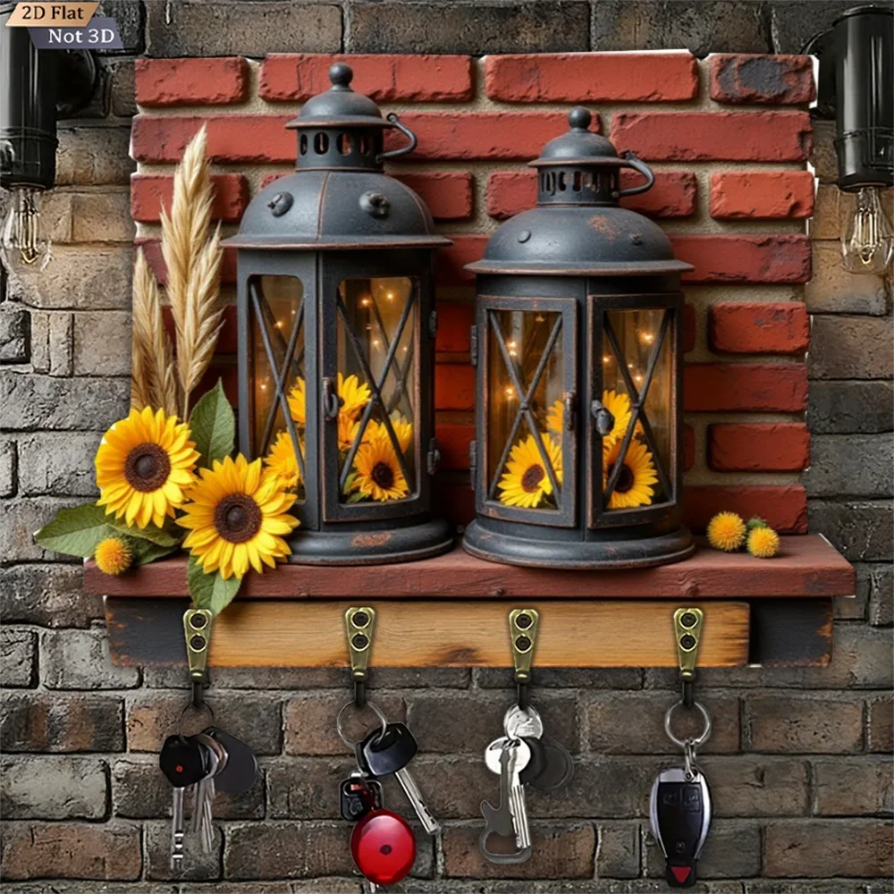 2D Flat, 1pc, Vintage Wrought Iron Key Hook, Wooden Multifunctional Home Key Hook, with Four Metal Hooks, Wall Decoration,