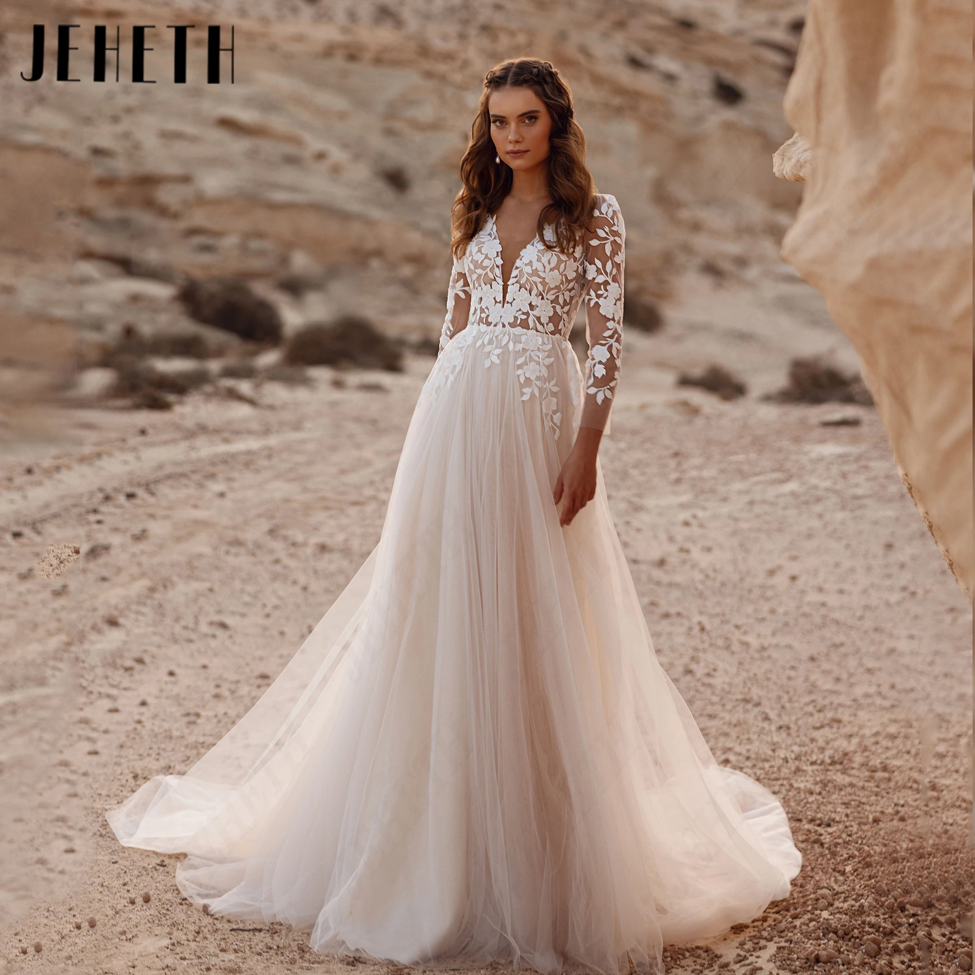 JEHETH A-Line Court Train Wedding Dress Customized Tulle Classic V-Neck Bridal Dresses Lace Appliques Deep V Back Bride Gowns