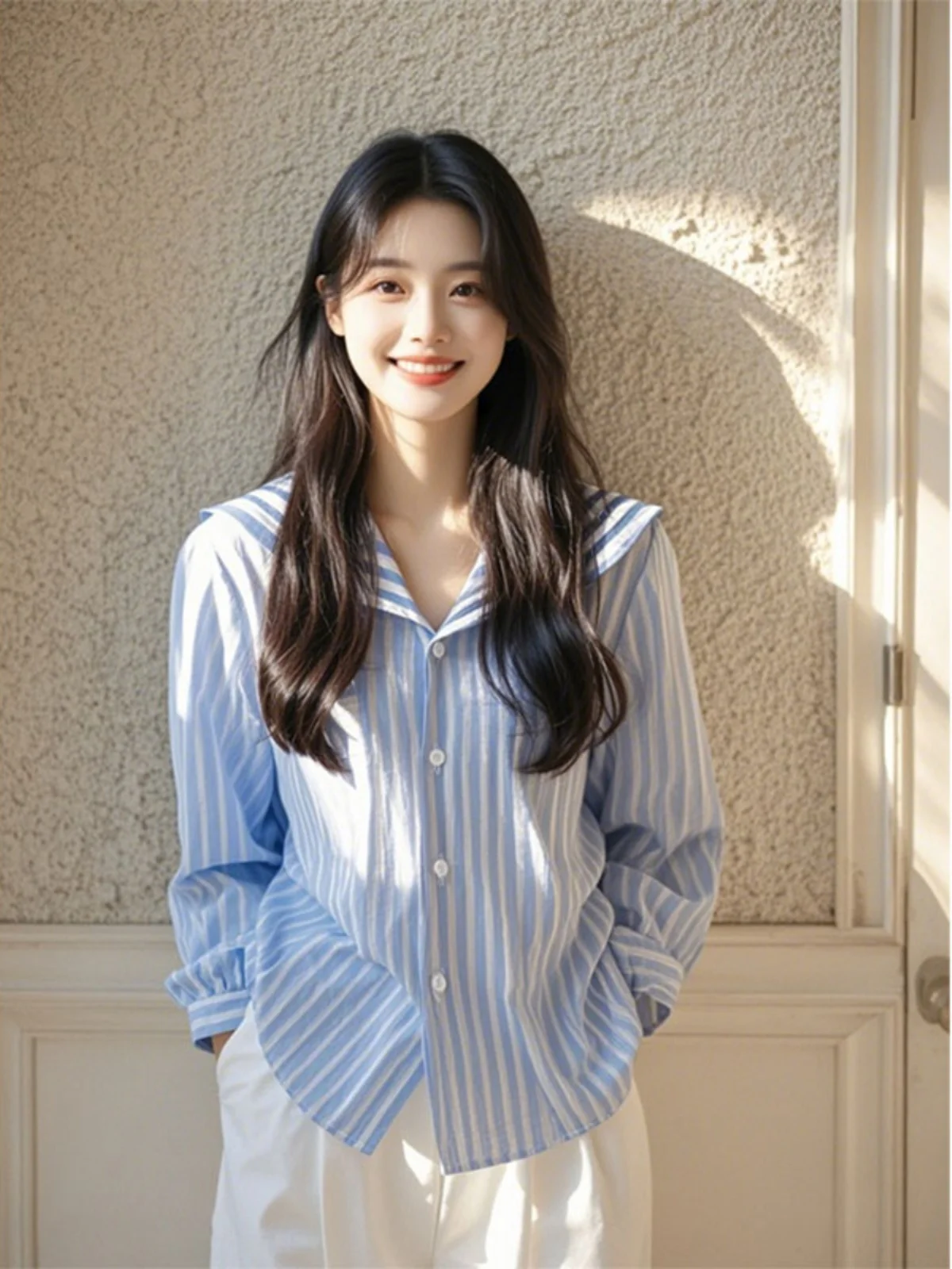 

Высококачественный длинный воротник в синюю полоску с темно-синим воротником Sve irt Ele Personali, небольшой женский топ весна-осень, прямой крой для поездок на работу...