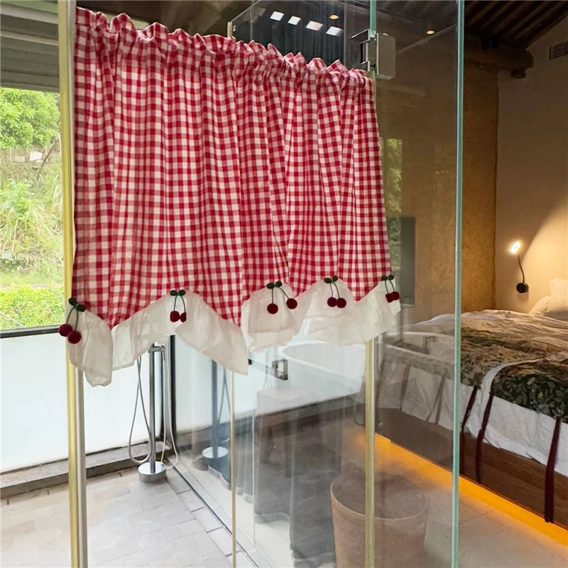 French Wave Lace Little Cherry Short Curtains for Kitchen Red Plaid Half Curtains Window Valance Cotton Curtain #A696