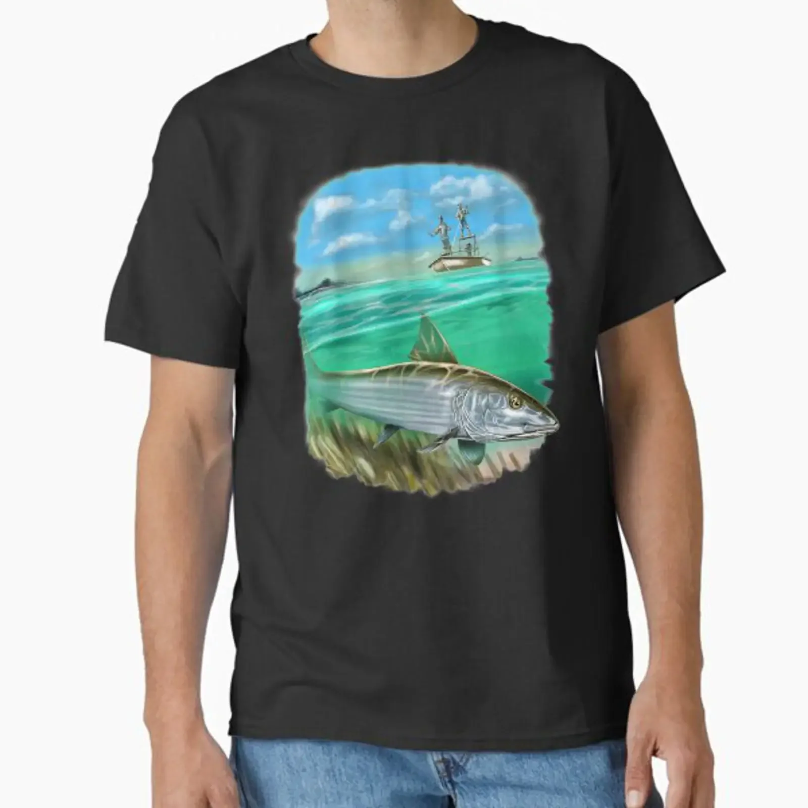 Full Image Bonefish Fishermen Fishing Classic T Shirt vintage Washed Unisex Comfortable homme Slightly Top For Everyday Wear