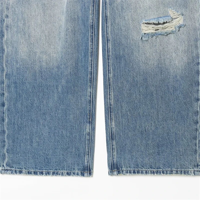 KEYANKETIAN 2026 Spring New Women's High Waist Wide Leg Jeans Vintage Light Blue Ripped Denim Trouser Loose  Casual Pants