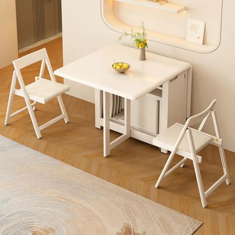 White all-solid wood folding dining table Small apartment household dining table integrated foldable and retractable