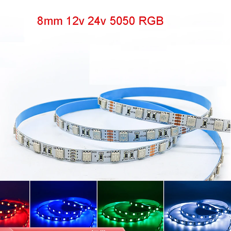 8mm Narrow PCB 5050 RGB LED Strip 60 96 Leds/m 12v 24v Atmosphere Bedroom Car Birthday Holiday LED Linear Flexible Tape 5M/Roll
