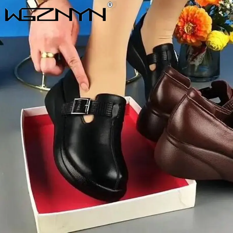 NEW Ethnic Women Retro Shoes Genuine PU Leather Platform Wedge Summer Women Plus Size Leisure Moccasins Sneakers Breathable Shoe