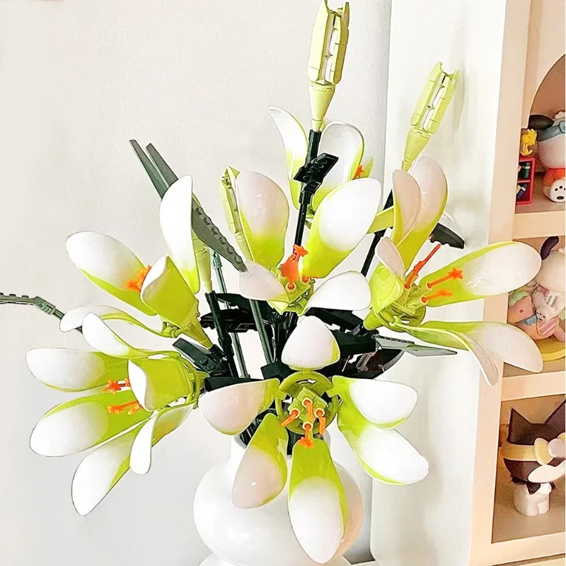 Fomantic Lily Simulation Bouquet, Green Plant Flower 3D Model Bricks, Creative DIY Never Fade Flowers Diamond Building Block Toy