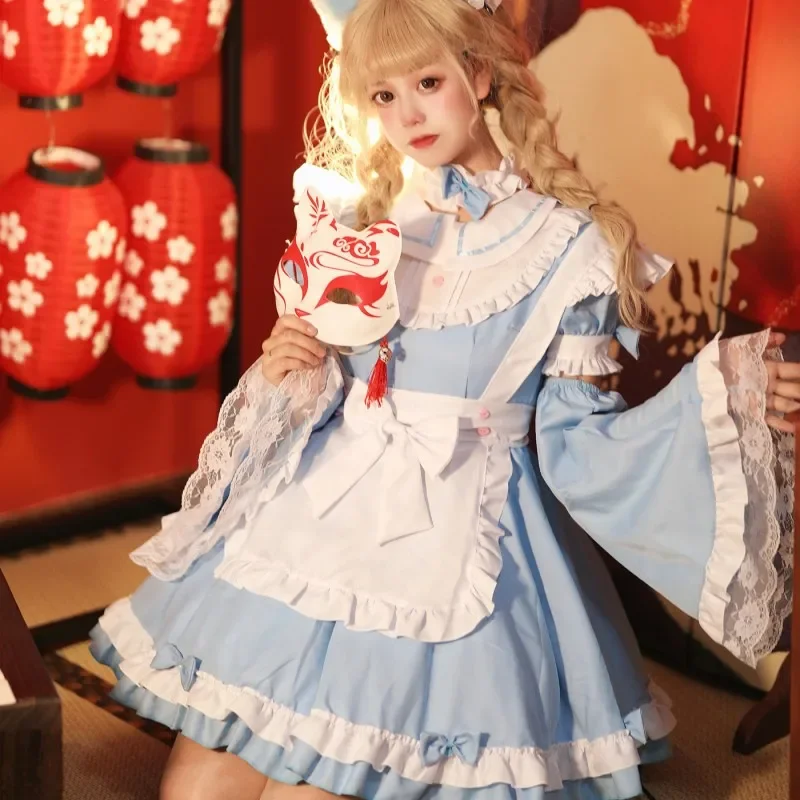 Lolita azul fantasia de empregada feminina, adorável Cosplay, Avental, Manga, Fantasia, Roupa Japonesa, Vestido curto, Roupas, Meninas, Animação, 2024